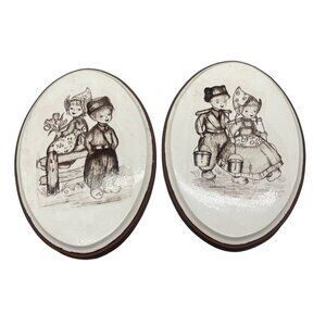 vintage hand painted set of 2 T.G. Holland kids wall art work oval brown READ